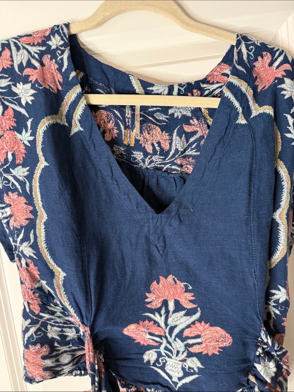 Free People Navy Floral Embroidered V-Neck Crop Top with Pink Accents